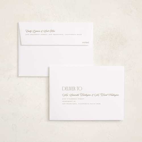 This is a tinsel foil pressed holiday cards with foil pressed by Kelly Schmidt called sideways merry printing on recycled smooth signature in standard