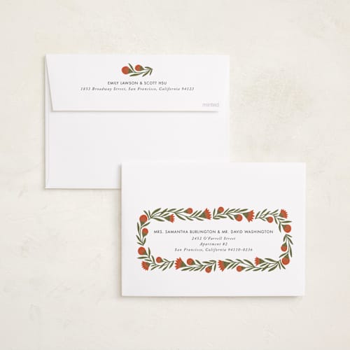 This is a candied apple foil pressed holiday cards with foil pressed by Jen Owens called wreath wrap printing on recycled smooth signature in standard