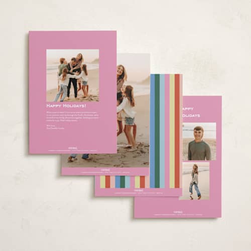 This is a candy foil pressed holiday cards with foil pressed by Kelly Watkins called happy stripe printing on recycled smooth signature in standard