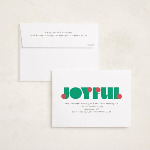 This is a wreath foil pressed holiday cards with foil pressed by Lori Wemple called pop joy printing on recycled smooth signature in standard