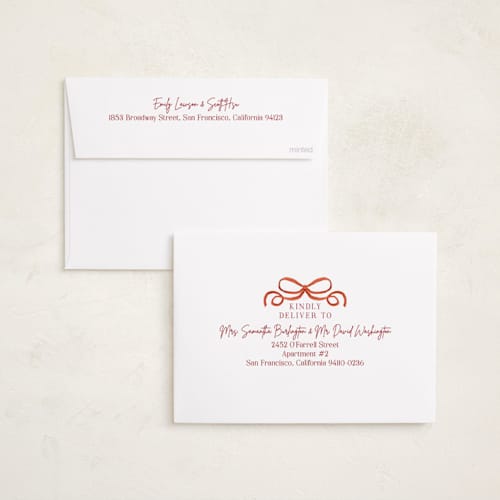This is a scarlet foil pressed holiday cards with foil pressed by Elly called winter ribbon printing on recycled smooth signature in standard