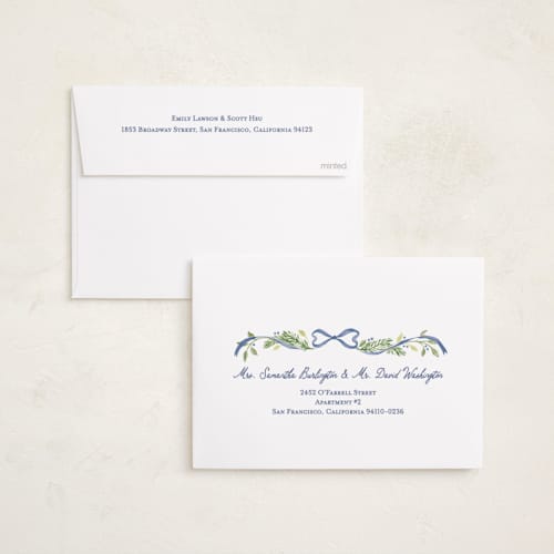 This is a moonlight foil pressed holiday cards with foil pressed by Sarah Knight called ribbon arch printing on recycled smooth signature in standard