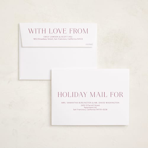 This is a cranberry foil pressed holiday cards with foil pressed by Kimberly Morgan called holiday photo grid printing on recycled smooth signature in standard