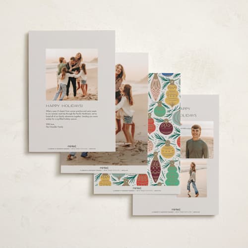 This is a sand foil pressed holiday cards with foil pressed by Alethea and Ruth called ornament tree frame printing on recycled smooth signature in standard