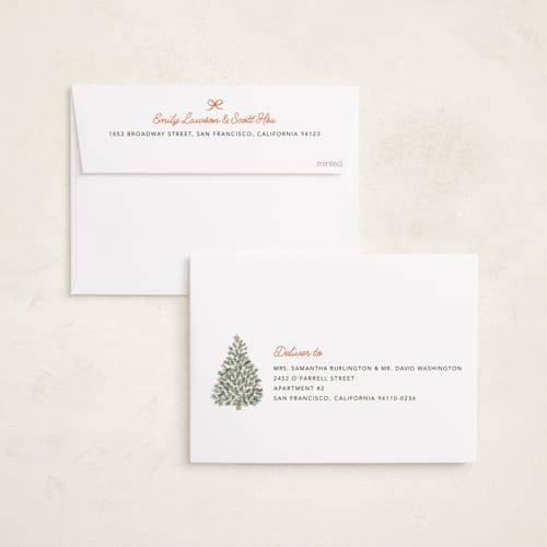 This is a pine needle foil pressed holiday cards with foil pressed by Cass Loh called christmas tree collage printing on recycled smooth signature in standard