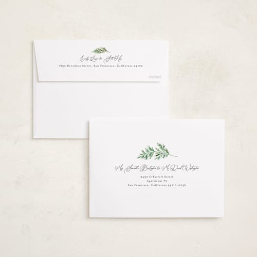 This is a pine foil pressed holiday cards with foil pressed by Alethea and Ruth called new home for the holidays printing on recycled smooth signature in standard