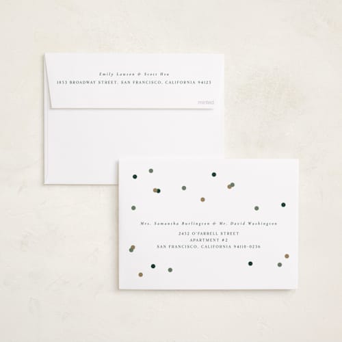 This is a forest foil pressed holiday cards with foil pressed by Katie Zimpel called vintage confetti printing on recycled smooth signature in standard