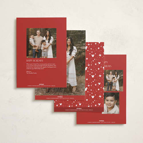 This is a mickey gloves foil pressed holiday cards with foil pressed by Danie Romrell called disney's mickey holiday magic printing on recycled smooth signature in standard