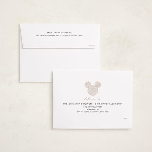 This is a vanilla foil pressed holiday cards with foil pressed by Vera Lim called disney mickey sparkles printing on recycled smooth signature in standard