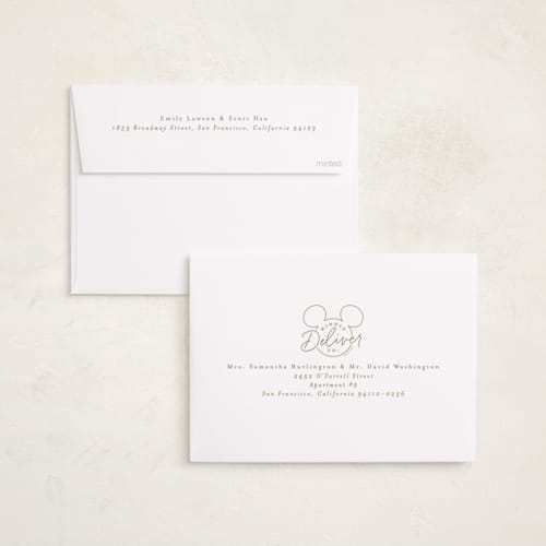 This is a snow foil pressed holiday cards with foil pressed by Everett Paper Goods called disney's mickey mouse casual script printing on recycled smooth signature in standard