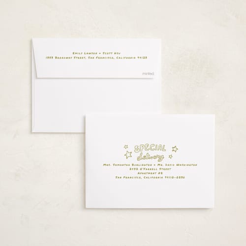 This is a snow foil pressed holiday cards with foil pressed by Everett Paper Goods called casual written printing on recycled smooth signature in standard