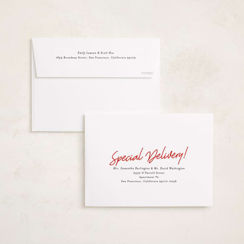 This is a crimson foil pressed holiday cards with foil pressed by Karidy Walker called oh what fun script printing on recycled smooth signature in standard
