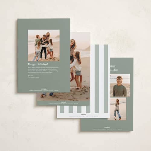 This is a sage foil pressed holiday cards with foil pressed by Angela Thompson called linen stripes printing on recycled smooth signature in standard