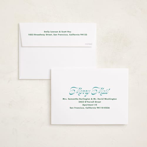 This is a turquoise foil pressed holiday cards with foil pressed by Megan Davis called sleighs printing on recycled smooth signature in standard