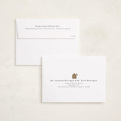 This is a light foil pressed holiday cards with foil pressed by Maja Cunningham called new home printing on recycled smooth signature in standard