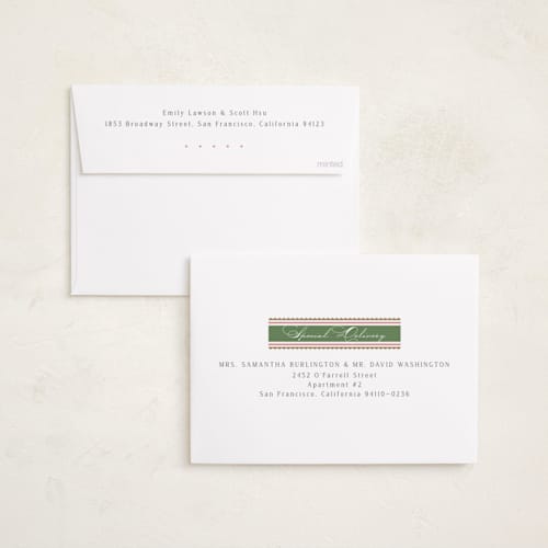This is a wreath foil pressed holiday cards with foil pressed by Susan Zinader called swiss dot ribbon printing on recycled smooth signature in standard