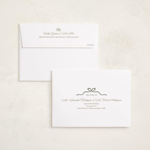 This is a sage foil pressed holiday cards with foil pressed by Susan Moyal called vintage vine printing on recycled smooth signature in standard