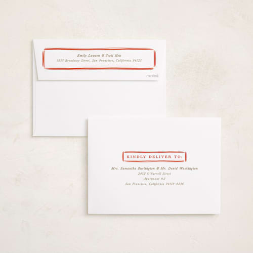 This is a lingonberry foil pressed holiday cards with foil pressed by Sarah Rosenthal called cotswolds cottage printing on recycled smooth signature in standard