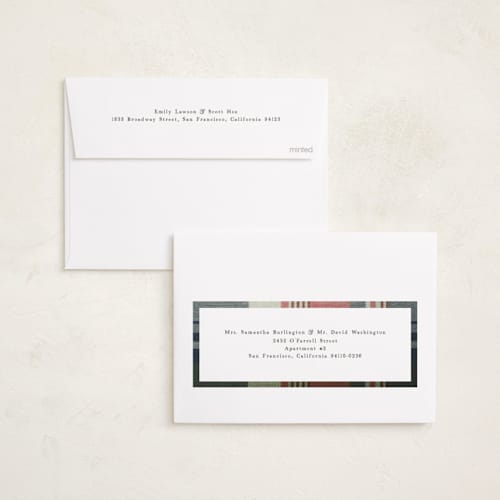 This is a sea foil pressed holiday cards with foil pressed by Nicole Walsh called heritage plaid printing on recycled smooth signature in standard