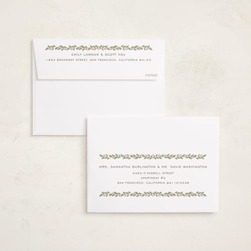 This is a eggnog foil pressed holiday cards with foil pressed by Creo Study called holly garland frame printing on recycled smooth signature in standard