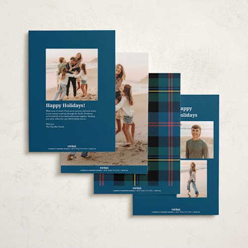This is a navy foil pressed holiday cards with foil pressed by Ilene Guy called traditionally plaid printing on recycled smooth signature in standard
