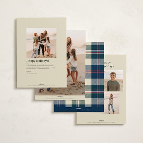 This is a champagne foil pressed holiday cards with foil pressed by Ilene Guy called traditionally plaid printing on recycled smooth signature in standard