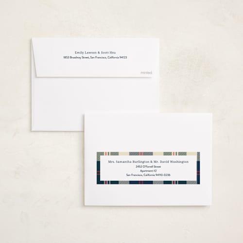 This is a champagne foil pressed holiday cards with foil pressed by Ilene Guy called traditionally plaid printing on recycled smooth signature in standard