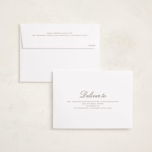 This is a sand foil pressed holiday cards with foil pressed by Nicole Walsh called modern script printing on recycled smooth signature in standard