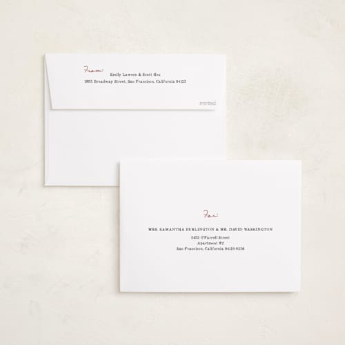 This is a crimson foil pressed holiday cards with foil pressed by Ani Somi called bow on it printing on recycled smooth signature in standard