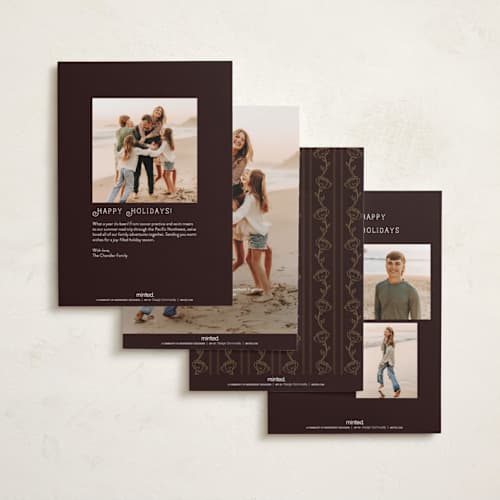 This is a dark cocoa foil pressed holiday cards with foil pressed by Design Lotus called heirloom floral frame printing on recycled smooth signature in standard