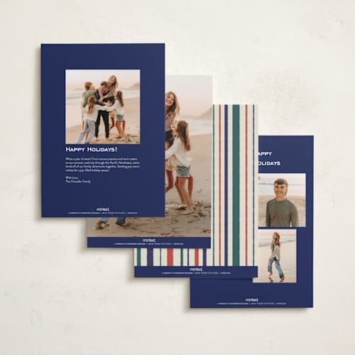 This is a navy foil pressed holiday cards with foil pressed by Sarah Rosenthal called plaid trimmed printing on recycled smooth signature in standard