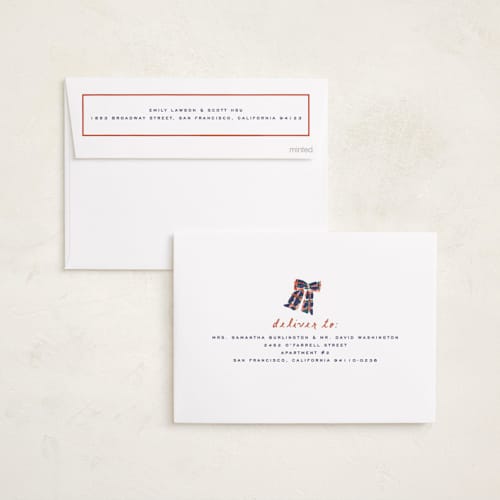 This is a navy foil pressed holiday cards with foil pressed by Sarah Rosenthal called plaid trimmed printing on recycled smooth signature in standard