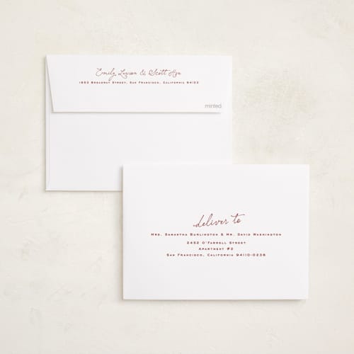 This is a carmine foil pressed holiday cards with foil pressed by chocomocacino called krafne printing on recycled smooth signature in standard