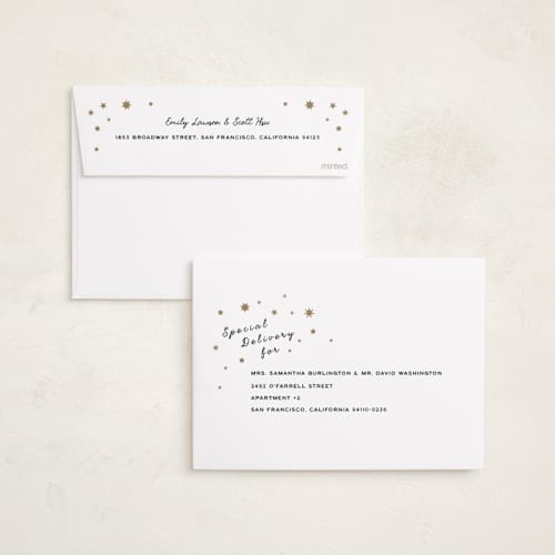 This is a snow foil pressed holiday cards with foil pressed by Leah Bisch called holiday cheer printing on recycled smooth signature in standard