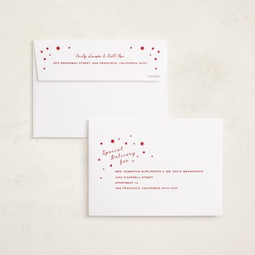 This is a santa suit foil pressed holiday cards with foil pressed by Leah Bisch called holiday cheer printing on recycled smooth signature in standard