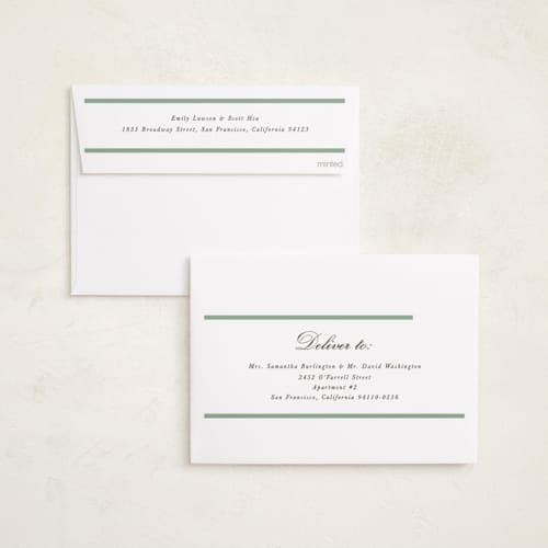 This is a sage foil pressed holiday cards with foil pressed by Morgan Kendall called picture rail printing on recycled smooth signature in standard