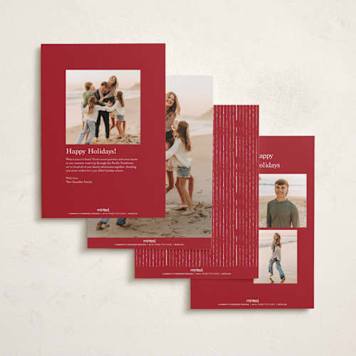 This is a scarlet foil pressed holiday cards with foil pressed by Stacey Meacham called at a glance printing on recycled smooth signature in standard