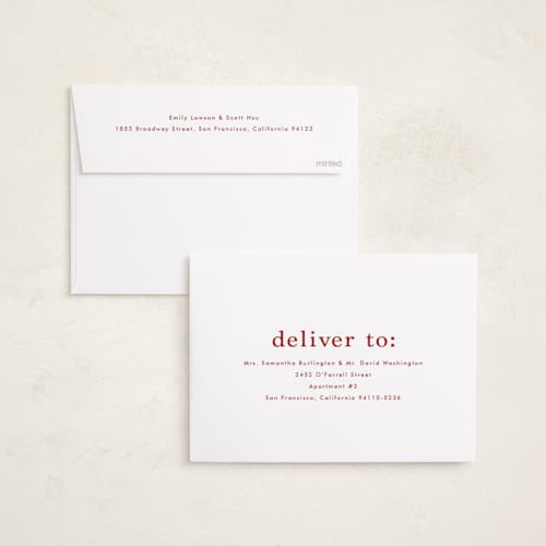 This is a scarlet foil pressed holiday cards with foil pressed by Stacey Meacham called at a glance printing on recycled smooth signature in standard