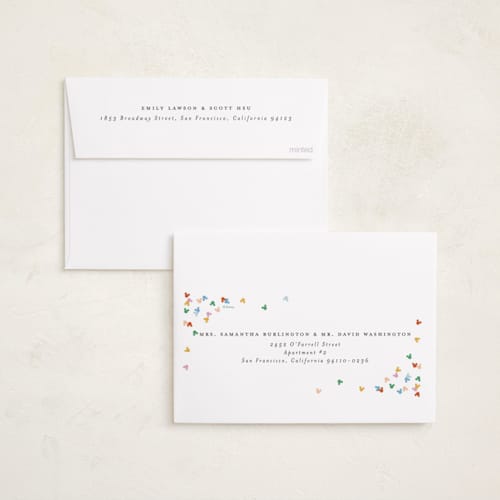 This is a snow foil pressed holiday cards with foil pressed by Ellen Schlegelmilch called mickey confetti corners printing on recycled smooth signature in standard