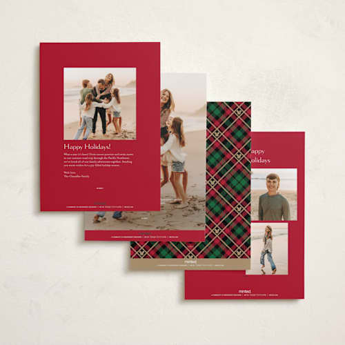 This is a holiday flannel foil pressed holiday cards with foil pressed by Erin Deegan called disney tartan plaid printing on recycled smooth signature in standard
