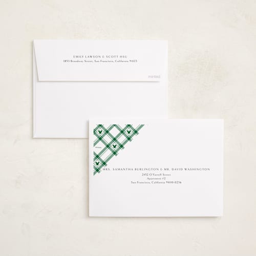 This is a holiday flannel foil pressed holiday cards with foil pressed by Erin Deegan called disney tartan plaid printing on recycled smooth signature in standard