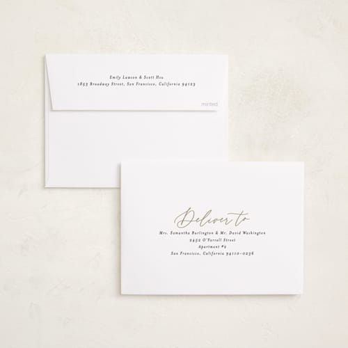 This is a snow foil pressed holiday cards with foil pressed by Julie Ley called beautiful foil script printing on recycled smooth signature in standard