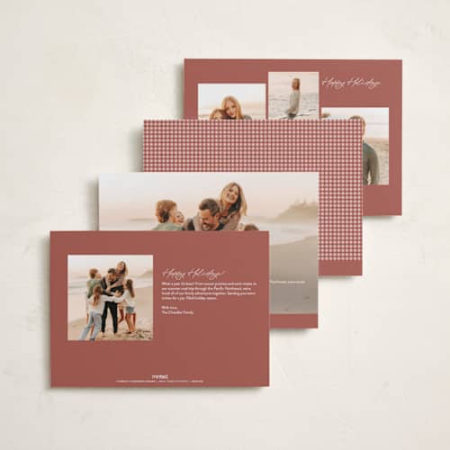 This is a cranberry foil pressed holiday cards with foil pressed by Ellen Schlegelmilch called gingham layers printing on recycled smooth signature in standard