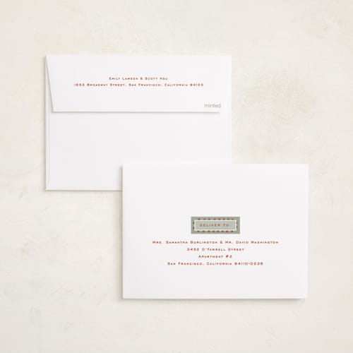 This is a sage foil pressed holiday cards with foil pressed by Amy Kross called primary printing on recycled smooth signature in standard