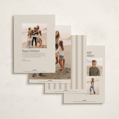 This is a tinsel foil pressed holiday cards with foil pressed by Kelly Schmidt called happy script printing on recycled smooth signature in standard