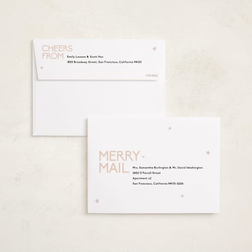 This is a coal foil pressed holiday cards with foil pressed by Owl and Toad called sparkles printing on recycled smooth signature in standard