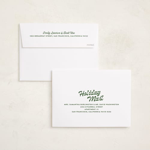 This is a evergreen foil pressed holiday cards with foil pressed by Carolyn Nicks called fancy pants printing on recycled smooth signature in standard