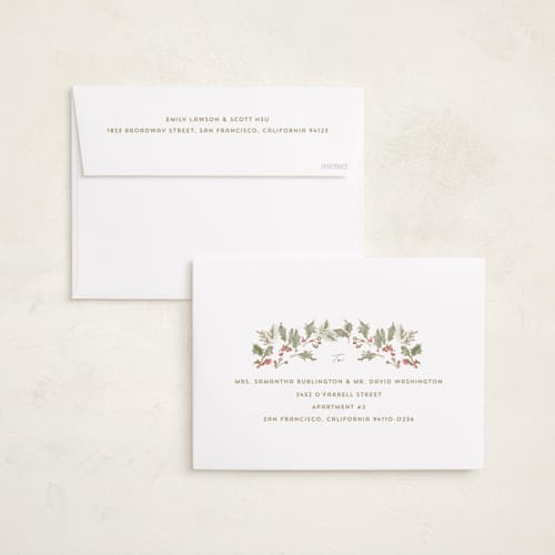 This is a snow foil pressed holiday cards with foil pressed by Rebecca Durflinger called sketched winter botanicals printing on recycled smooth signature in standard