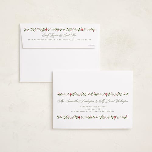 This is a cream foil pressed holiday cards with foil pressed by Erin L. Wilson called hawthorne printing on recycled smooth signature in standard