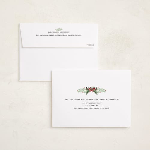 This is a holly foil pressed holiday cards with foil pressed by Angel Walker called traditional christmas printing on recycled smooth signature in standard
